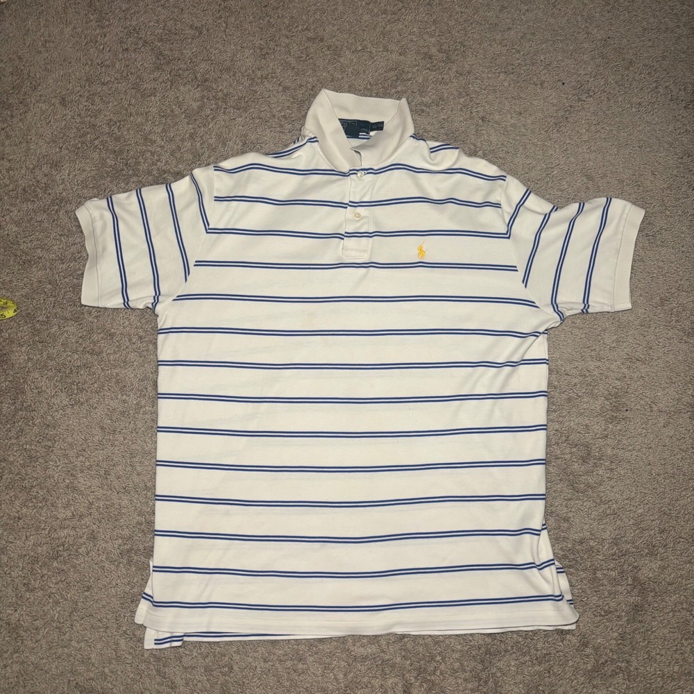 Polo Ralph Lauren Mens XL White Blue Striped Short Sleeve Pique Polo Shirt